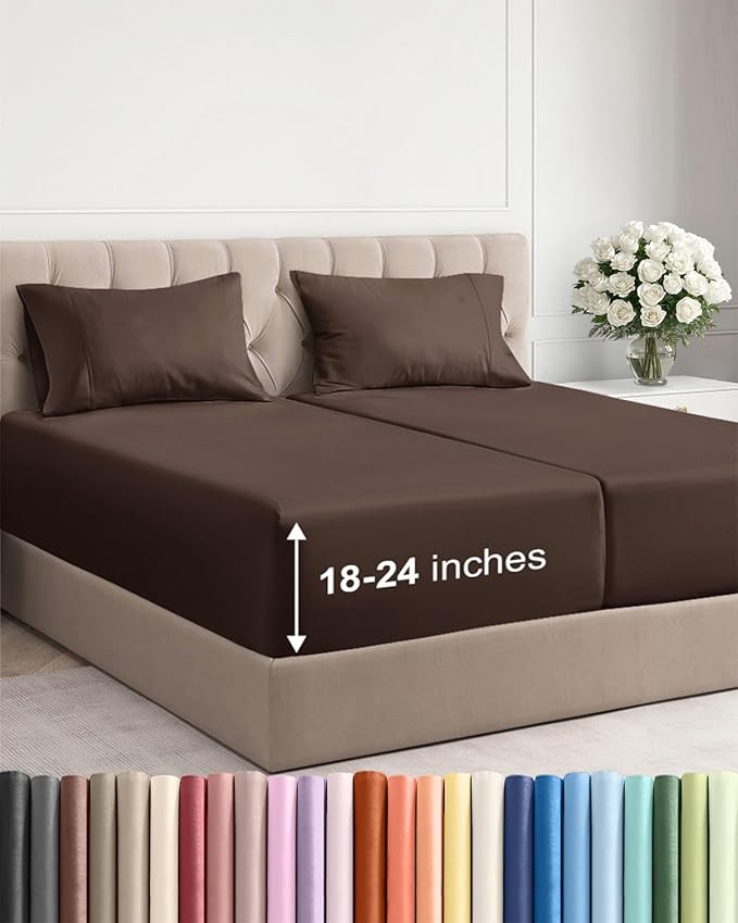 Extra Deep Pocket Split King Sheets - 5 Piece Breathable & Cooling Bed Sheets - Hotel Luxury Bed Sheet Set - Soft, Wrinkle Free & Comfy - Easily Fits Extra Deep Mattresses - Deep Pocket Brown Sheets