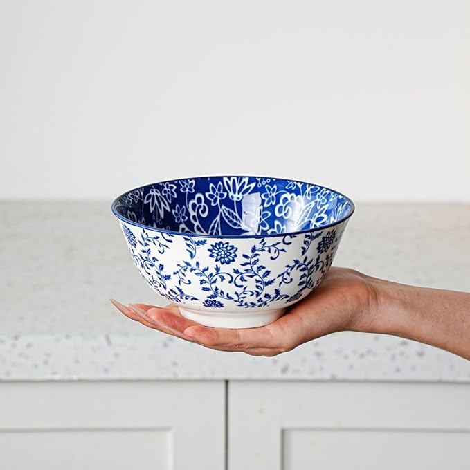 Cerkik Ceramic Soup Bowls Set - 24 Oz Deep Cereal Bowl for Kitchen - 6 Inch Large Porcelain Dinner Bowl Eating Salad Pasta Dessert Oatmeal - Microwave Dishwasher Safe - Set of 6 - Vintage Blue