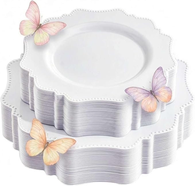 COLOSUS 60PCS White Plastic Plates for 30 guests-Fancy Plastic Beaded Plates,Disposable Christmas plastic plates,Include 30 PCS 10.5" Dinner Plates & 30PCS 8.25" Dessert-Platos for Christmas