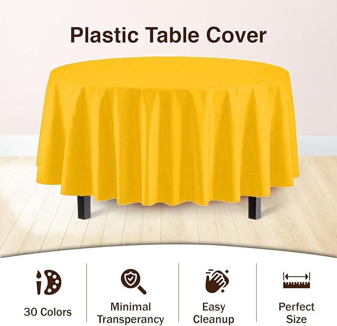 Party Solids 6-Pack Premium Plastic Tablecloth 84in. Round Plastic Table Cover - Yellow