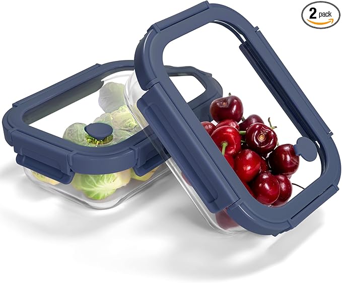 2-Pack Glass Food Storage Containers with Tempered Lids (21.3oz/2.7cup) - Airtight Snap Lock, Microwave & Oven Safe (-4?? 950째F), Freezer to Baking Dish, BPA-Free, Gift Box (Blue)