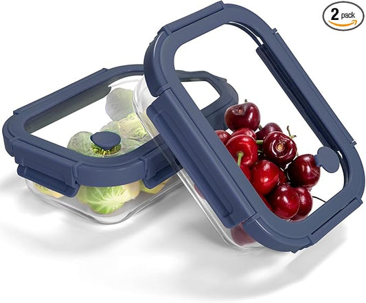 2-Pack Glass Food Storage Containers with Tempered Lids (21.3oz/2.7cup) - Airtight Snap Lock, Microwave & Oven Safe (-4?? 950째F), Freezer to Baking Dish, BPA-Free, Gift Box (Blue)