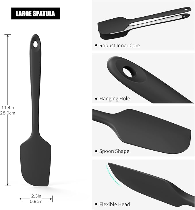 600째F Heat Resistant Silicone Spatula, Doosu High Temp Flexible Kitchen Rubber Bowl Scrapers Food Grade Seamless Baking Supplies Scratch-Proof for Scraping Non-Stick Pans (Black, 11.4in)