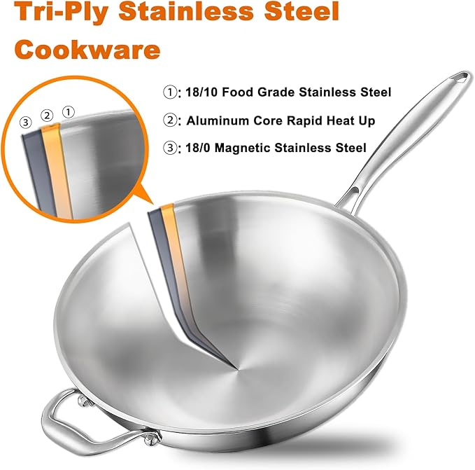 DELARLO Tri-Ply Stainless Steel Wok, 12 Inch Healthy Non-Toxic Cooking Wok Pan with Lid, With Side Ear, Wide & Deep Cookware Stir-Fry Pans, Dishwasher and Oven Safe Up To 600째F, Works on Induction