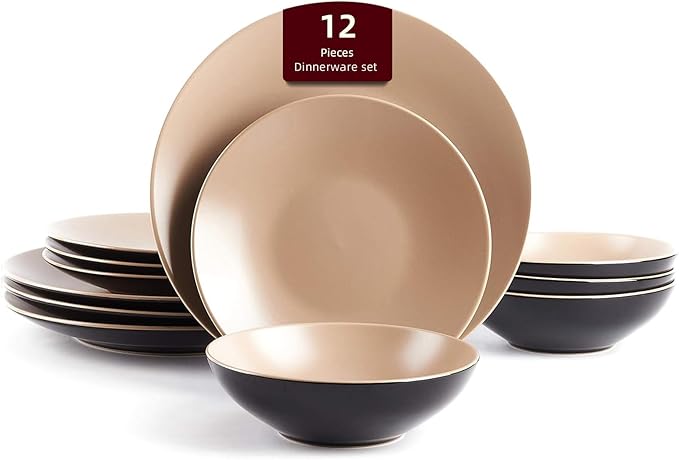Stoneware Two-Tone Colors Life 12pc Dinner Set竊?Outside Shiny Black + Inside Matte Glaze Warm Beige