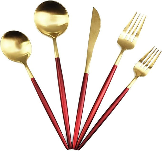 Gugrida 20-Piece 18/10 Stainless Steel Flatware Silverware, Luxury Dinnerware Set Travel Cutlery Tableware Include Knife Fork Spoon Service for 4, Dishwasher Safe (Red Handle Matte Gold)