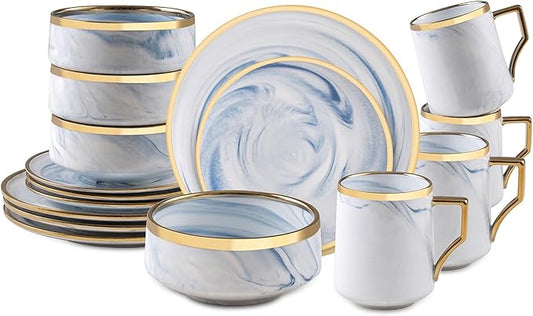 16 Piece Plates and Bowls Sets, Fine China Artisan Marbled Dinner Set for 4, Dishwahser Safe, Scratch Resistant, Blue with Gold Line