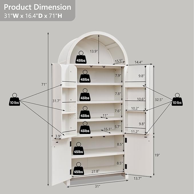 71" Tall Arched Bookcase with Doors, Morden Fluted Bookshelf w/Storage & 3 Adjustable Shelves, 6 Door Shelves,Wooden Standing Versatile Cupboard for Home Office, Living Room, Antique White