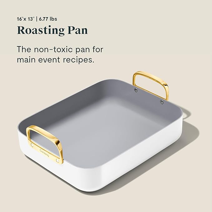 Caraway Roasting Pan - 16x13??Roasting Pan with Rack - Non-Stick Ceramic Coated - Non Toxic, PTFE & PFOA Free - Oven Safe & Compatible with All Stovetops - White