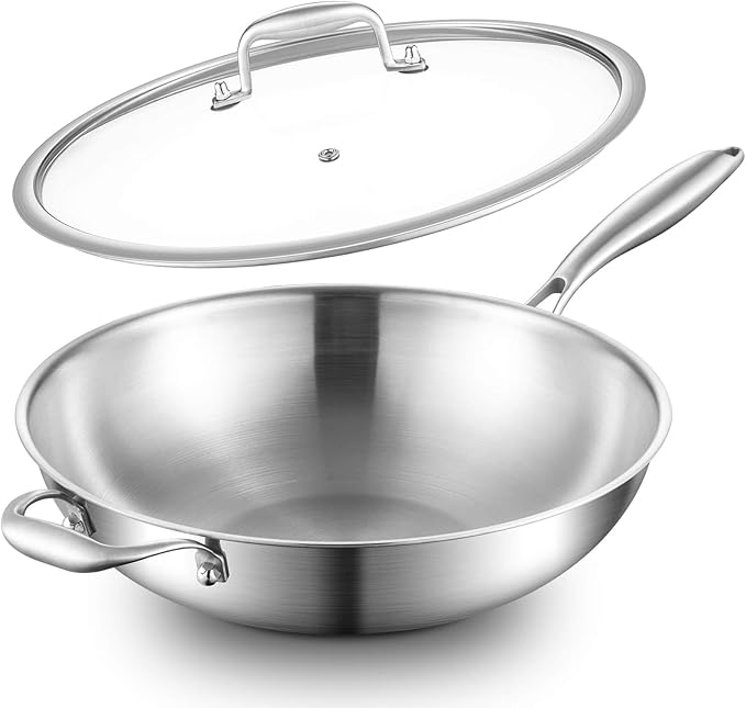DELARLO Tri-Ply Stainless Steel Wok, 12 Inch Healthy Non-Toxic Cooking Wok Pan with Lid, With Side Ear, Wide & Deep Cookware Stir-Fry Pans, Dishwasher and Oven Safe Up To 600째F, Works on Induction