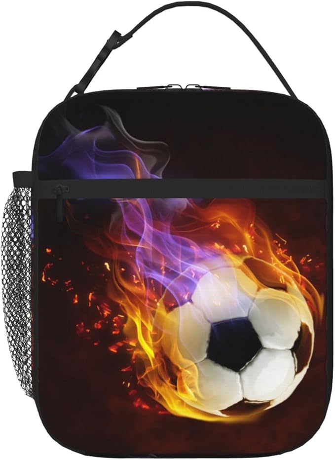 YIJIUWKIS Boys Insulated Lunch Box with Fire Soccer Pattern Print, Sports-themed Lunch Bags with Water Bottle Holder for Adults Kids Teens, Reusable Portable Tote Meal Bags Gifts for Son Daughter