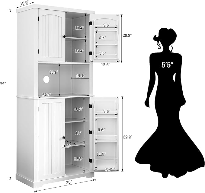 HLR 72" Kitchen Pantry Storage Cabinet, Freestanding Larder Cupboard, Kitchen Hutch Cabinet with Microwave Stand,Utility Pantry with Doors and Shelves for Dining Room, Living Room
