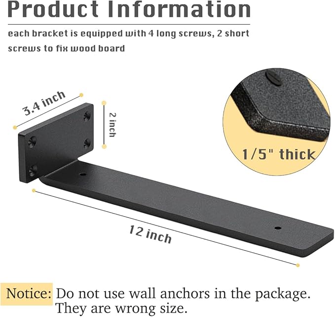 6 Pack Shelf Brackets 12 Inch Floating Shelf Bracket 1/5 inch Thick Heavy Duty Hidden Shelf Brackets Iron Metal Brackets for Shelf Support with Screw Included