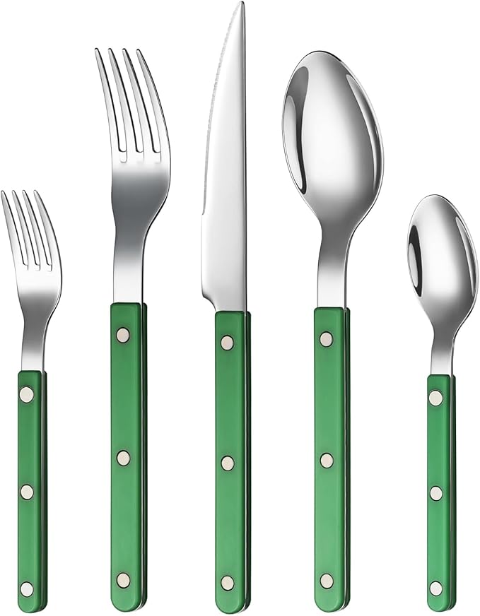 Khen Cutlery Set of 20, 18/8 Stainless Steel Flatware, Modern Silverware for Home, Kitchen, Dining & Table Setting for 4 ??Stainless Steel, Dishwasher Safe, Lightweight & Ergonomic Design Gift - Green