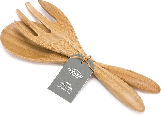 Dehaus짰 Large Premium Bamboo Salad Tongs - Eco Friendly Wooden Serving Spoons - Salad Serving Utensils - Salad Tosser Forks - Giant Wood Salad Servers - 12 inch Salad Hands