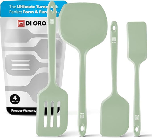 New DI ORO Silicone Turner Spatula Set - Kitchen Spatulas for Nonstick Cookware - Cooking Utensils for Flipping Eggs & Pancakes - 600째F Heat-Resistant BPA Free Turners - Dishwasher Safe (4pc, Sage)