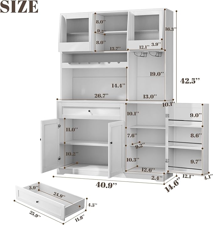 71" Tall Kitchen Pantry Storage Cabinet with 2 Sliding Doors & Outlet,Modern Kitchen Hutch Cabinet with LED Light & Drawers,Wood Food Pantry with Wine Rack & Glass Holder,Cupboard for Dining Room