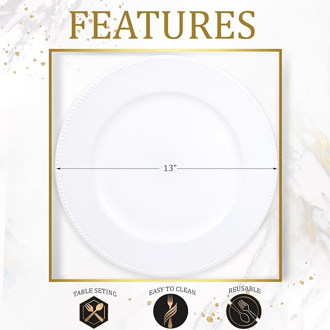 Set of 12 White Charger Plates with Beaded. 13" Reusable Plastic Table Chargers for Dinner Plates