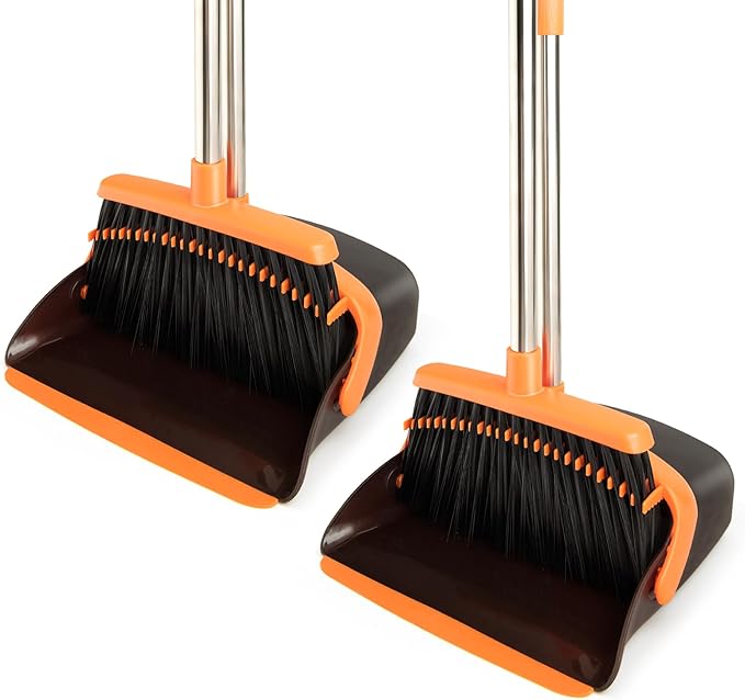2-Pack Broom and Dustpan Set with Long Handle, Heavy Dust Broom and Dustpan Combo for Home，Kitchen, Office, Pet Hair (Brown Orange)