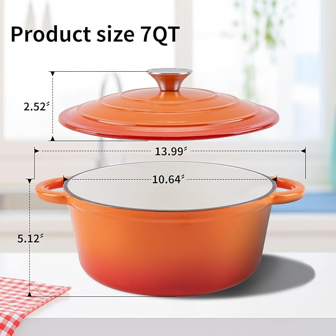 Enameled Cast Iron Dutch Oven Pot with Lid Heavy-Duty Cookware for Bread Baking,Braising,Stews,Roasting,Oven Safe up to 500째F,7QT,orange