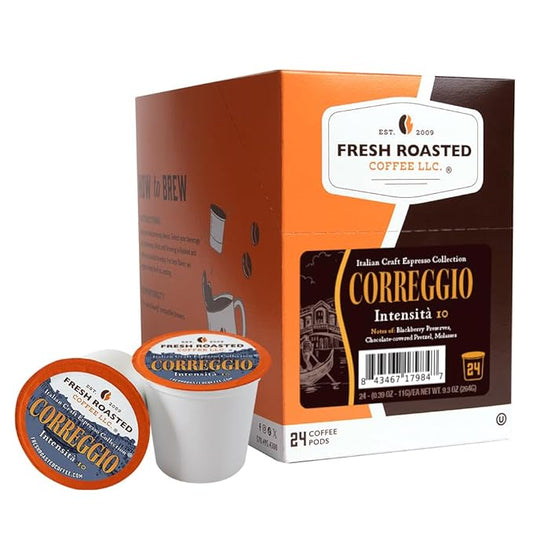 Fresh Roasted Coffee, Correggio Italian Craft Artisan Blend, Dark Roast, Kosher, 24 Pods for K cup Brewers