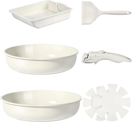 GiPP Ceramic Pots and Pans Set Non Stick, Nonstick Detachable Handle Cookware Sets, Non Toxic Induction Kitchen Pot and Pan with Removable Handle, Healthy RV Cookware, Dishwasher 竊냀ven Safe, 7 Piece