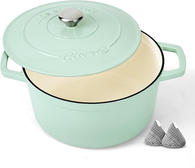 Enameled Cast Iron Dutch Oven ??4.4 Quart Pot with Lid & Potholders ??Heavy-Duty Cookware for Bread Baking, Braising, Stews & Roasting ??Oven & Stovetop Safe up to 500째F ??Mint Green