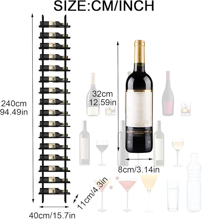 Wall Mounted Wine Rack, H 94.49inch, 16 Rows, Black 16 Bottle Wine Cellar Racks, Metal Wine Bottle Holder for Home Bar, Wine Kitchen Storage (Black, 1 Column竊?6 Bottles竊?