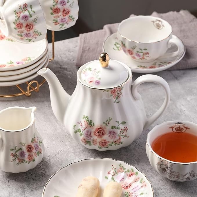 Sweejar Porcelain Tea Sets British Royal Series, 8 OZ Cups & Saucer Service for 6, with Teapot Sugar Bowl Cream Pitcher Teaspoons and Tea Strainer, Suitable for High Tea, Wedding, Party（Beige）