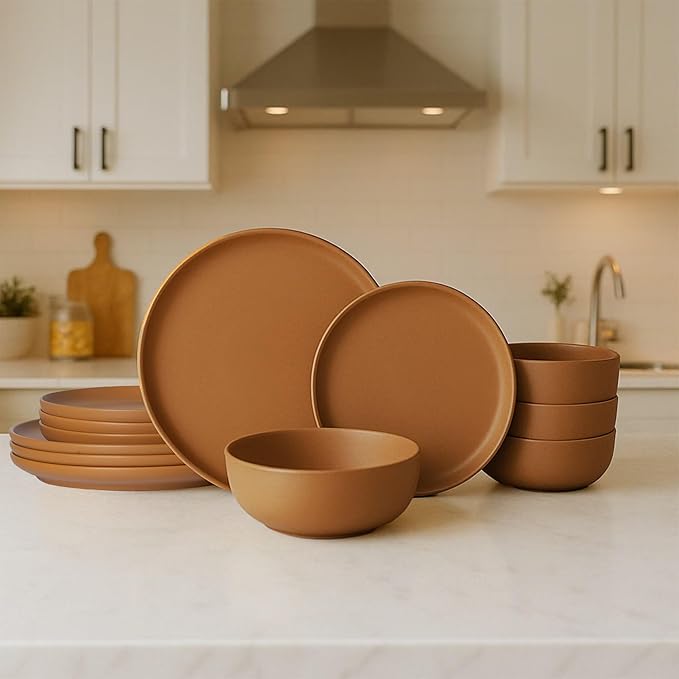 Furrnook 12-Piece Stoneware Dinnerware Set with Mugs | Microwave and Dishwasher Friendly | Stackable Matte Glaze Plates & Bowls | Service for 3 (Orange for 4)