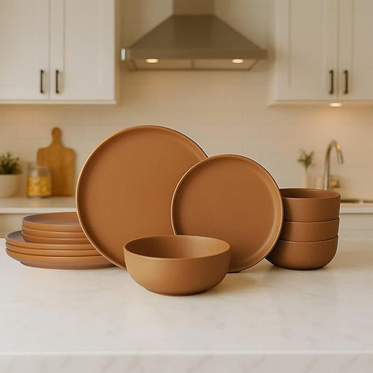 Furrnook 12-Piece Stoneware Dinnerware Set with Mugs | Microwave and Dishwasher Friendly | Stackable Matte Glaze Plates & Bowls | Service for 3 (Orange for 4)