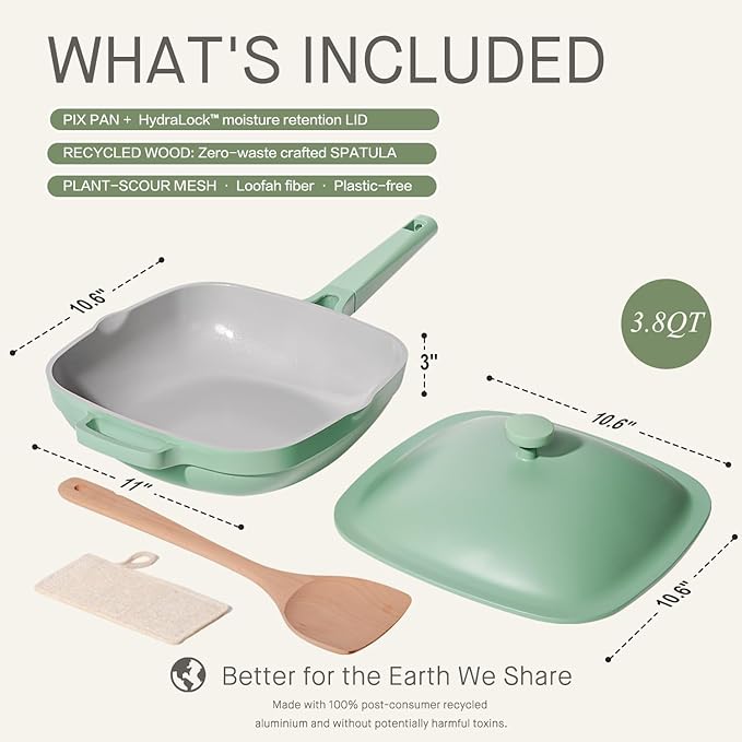 10.5 Inch(3.8QT) Ceramic Pan with Lid,Non Stick Frying Pans Cast Aluminum Deep Saut챕 Pans,Ti-Ceramic Non Toxic Pix Pan with Wooden Spatula and Scrubber-Mint Haze