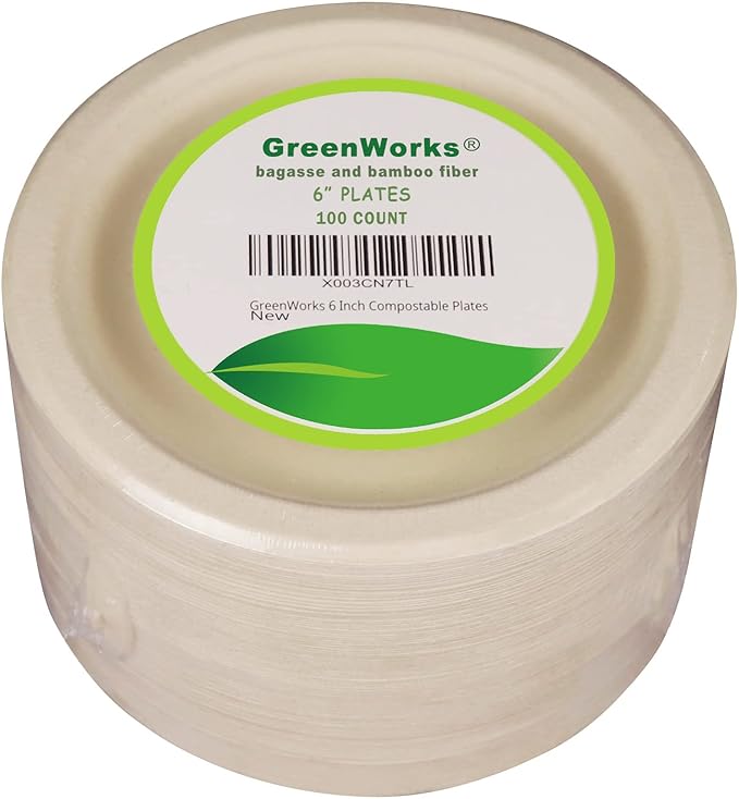 GreenWorks 100 Count 6??Small Compostable Dessert Plates, Heavy-duty Unbleached Biodegradable Bagasse and Bamboo fiber Paper Plates