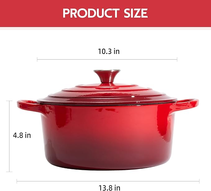 6 Quart Dutch Oven Enameled Cast Iron with Lid - Big Dual Handles - Oven Safe up to 500째F - Classic Round Pot for Versatile Cooking (Red, 6 QT)