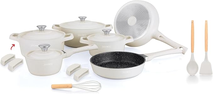 Royalty Line OS1014 Pan Set, 17 Pieces, Induction Compatible, Marble Non-stick Coating, Removable Cold Handles, Cream
