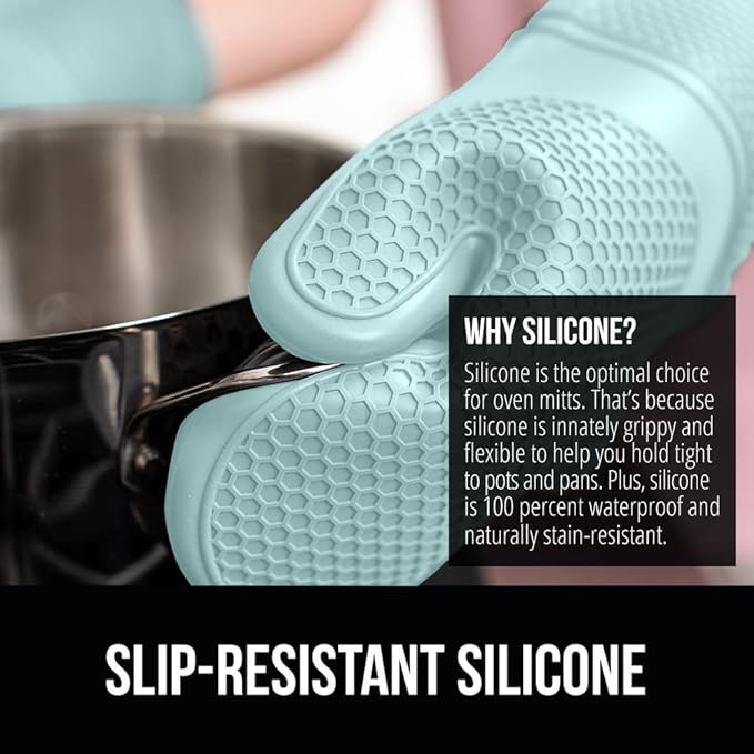 GORILLA GRIP BPA-Free Soft Silicone Oven Mitts, Heat Resistant and Waterproof Cooking Gloves, Thick Cotton Lining, Flexible Gripping for Baking Grilling, Kitchen Potholders Set of 2, 12.5x8.3, Mint