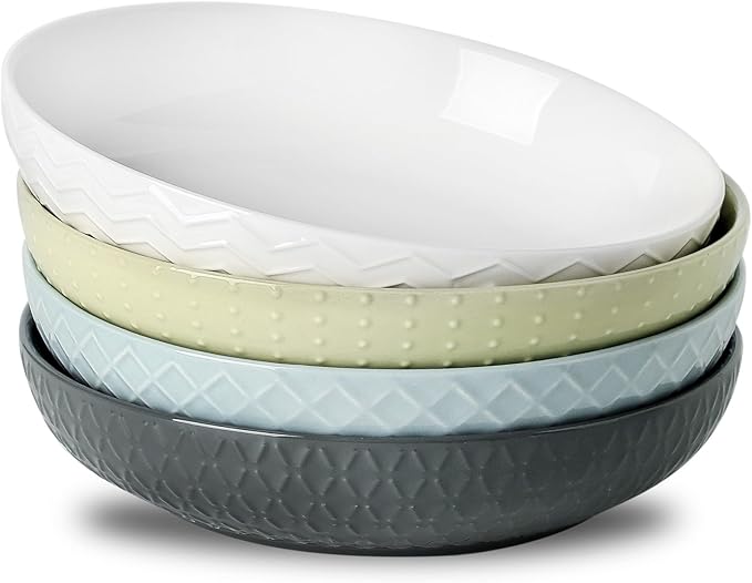 HASENSE Ceramic Pasta Bowls, 42 OZ Ceramic Salad Bowl Set of 4, Large Serving Plate Bowls,Embossment Stoneware Wide and Shallow Pasta Plates for Fruits, Noodle,Colorful