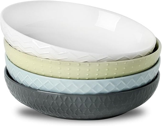 HASENSE Ceramic Pasta Bowls, 42 OZ Ceramic Salad Bowl Set of 4, Large Serving Plate Bowls,Embossment Stoneware Wide and Shallow Pasta Plates for Fruits, Noodle,Colorful