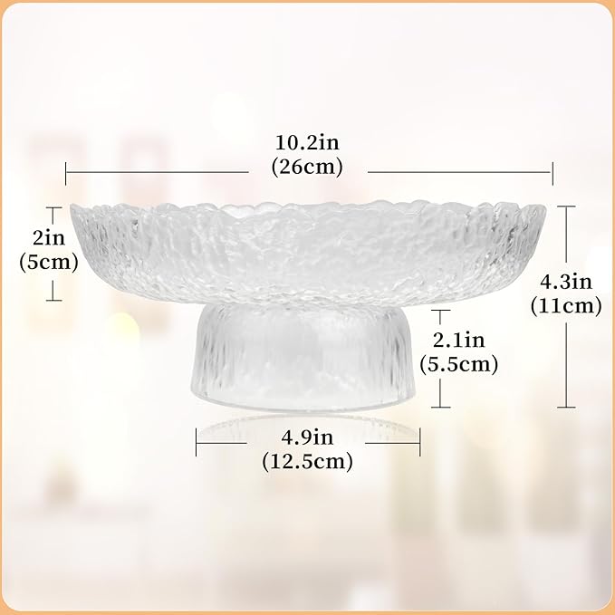 Large Glass Fruit Bowl for Kitchen Counter Decorative Centerpiece Bowl for Table Home D챕co, Clear Hammered