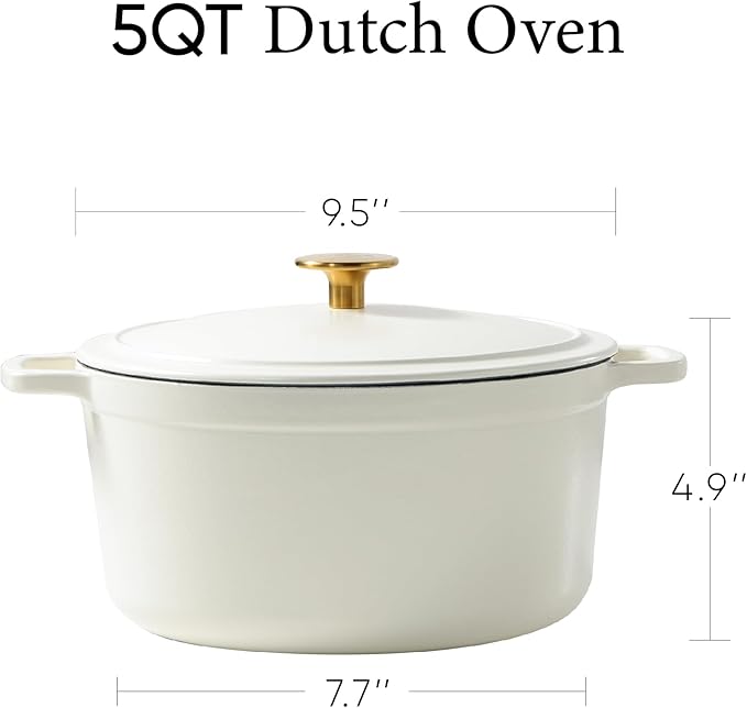 CAROTE 5QT Enameled Cast Iron Dutch Oven Pot with Lid, Heavy-Duty Dutch Oven for Sourdough Bread Baking, Braising, Stews, Roasting, Healthy & Non-Toxic, Dual Handles, All Stovetop Compatible, Oven Safe up to 500째 F, Cream White