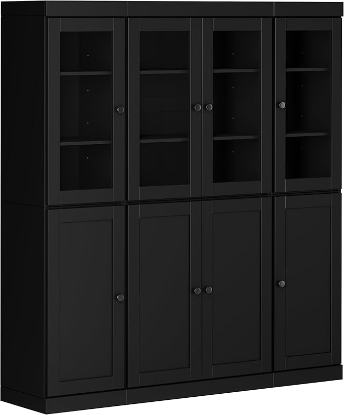 Palace Imports 100% Solid Wood Kitchen China Pantry Cabinet, 65" W - 4 Clear Glass & 4 Shaker Doors, Renewable Eco-Friendly Wood, Made in Brazil (Black, 8 China/Shaker Doors | NO Drawers)
