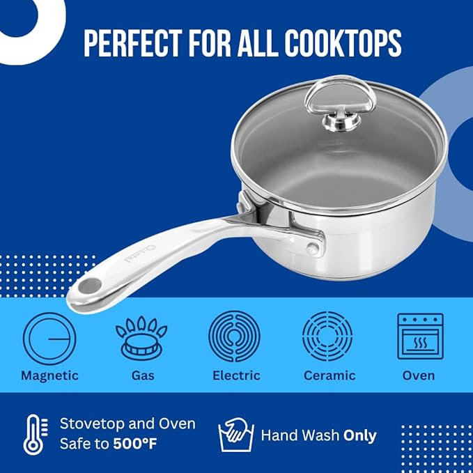 Chantal Induction 21 Steel 2 qt Non Stick Saucepan with Tempered Glass Lid, Ceramic Non Stick, Brushed Stainless Steel