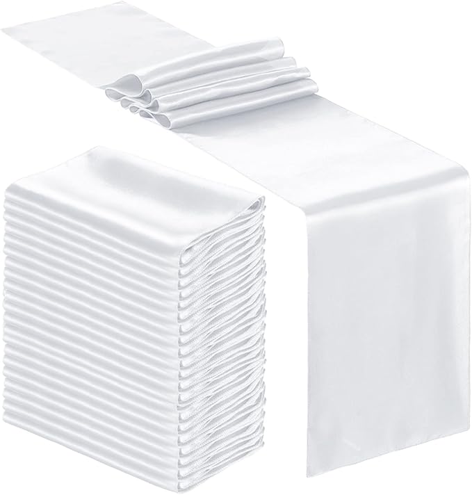 Bencailor 24 Pcs White Satin Table Runner Bulk 12 x 108 Inches Long Table Runners Bright Smooth Fabric Tablecloth for Wedding Banquet Birthday Valentines St Patrick's Day Party Decorations