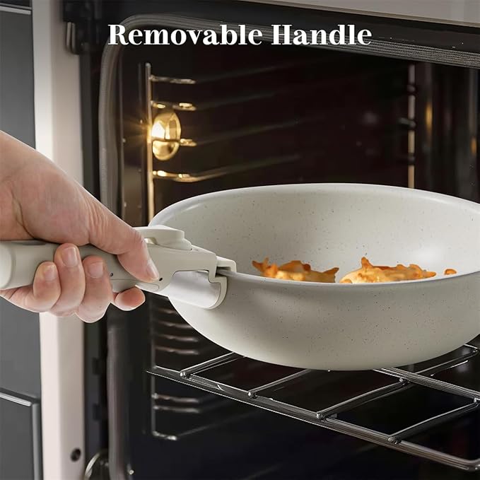 12 Pcs Pots and Pans Set, Nonstick Kitchen Cookware Sets Detachable Handle, Induction Healthy Non Stick RV Cookware, Dishwasher 竊?Oven Safe, Beige