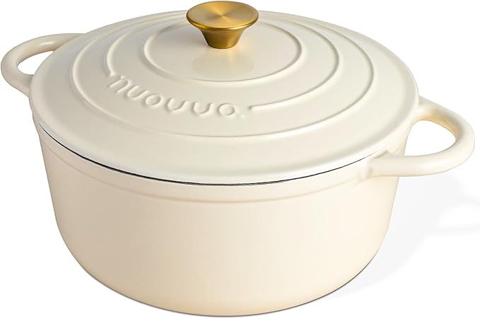 Nuovva Enamelled Cast Iron Dutch Oven Pot with Lid ??6.4 Quart Non Stick Casserole Pot ??Heavy Duty & Oven Safe up to 500째 F for Bread Baking, Braising, Stews, Roasting ??28cm Cream