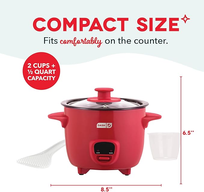 DASH Mini Rice Cooker Steamer with Removable Nonstick Pot, Keep Warm Function & Recipe Guide, Half Quart, for Soups, Stews, Grains & Oatmeal - Red