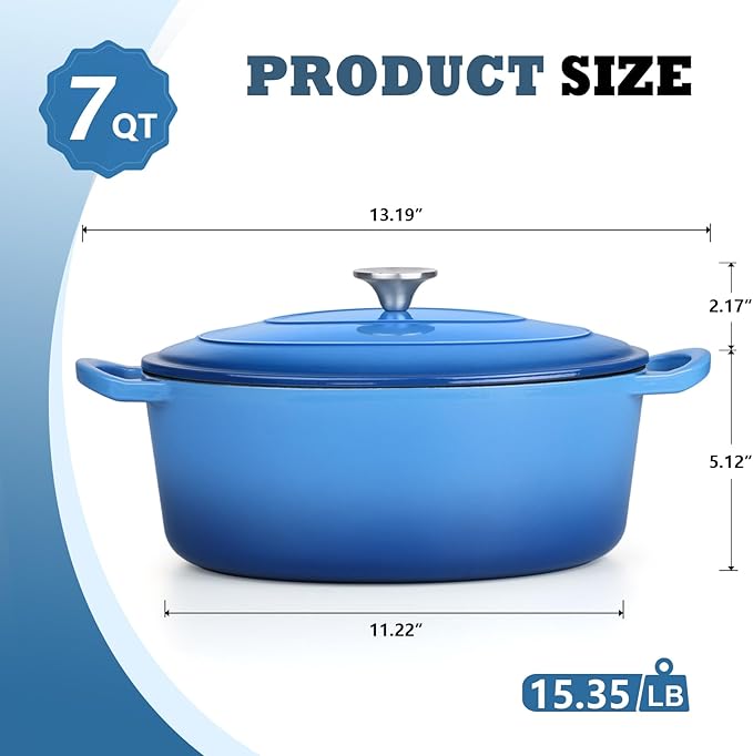 P&P CHEF Oval Dutch Oven with Lid, Enameled Cast Dutch Oven Pot for Bread Baking, Braising, Stewing, Roasting, Non-Stick & Oven Safe, Dual Handles & Easy Clean, 7QT & Blue