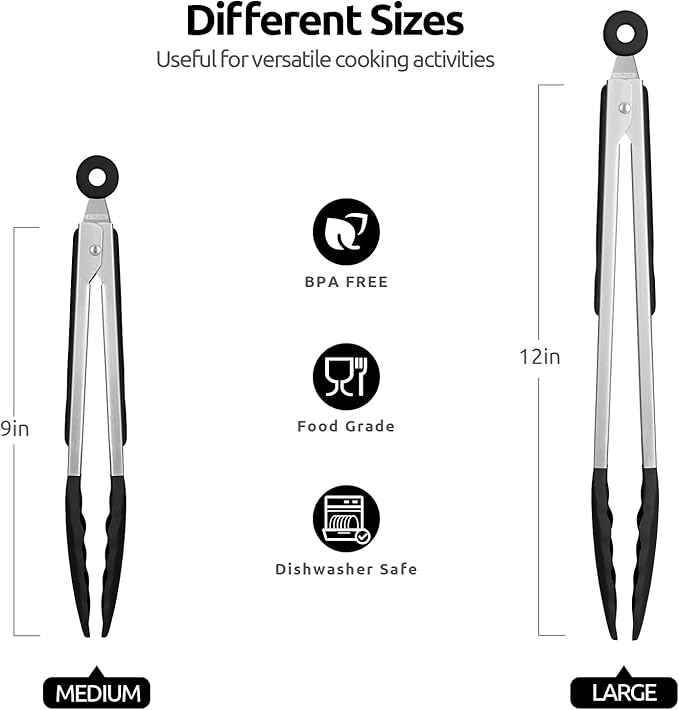 600쨘F Heat Resistant Kitchen Tongs: U-Taste 9+12 inch Silicone Cooking Tong Set with Firm Sealed Non Stick Rubber Tips and Silicon Coated 18/8 Stainless Steel Handle for Serving Grilling Salad (Black)