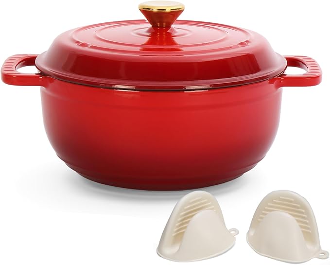 Dutch Oven Pot with Lid, 5 Quart Enameled Cast Iron Dutch Oven, Dual Handles, Kitchen Pots Oven Safe up to 500째F, Stovetop Compatible, Marinate, Cook, Bread Baking, Refrigerate & Serve, Red