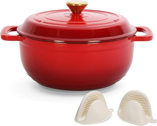 Dutch Oven Pot with Lid, 5 Quart Enameled Cast Iron Dutch Oven, Dual Handles, Kitchen Pots Oven Safe up to 500째F, Stovetop Compatible, Marinate, Cook, Bread Baking, Refrigerate & Serve, Red
